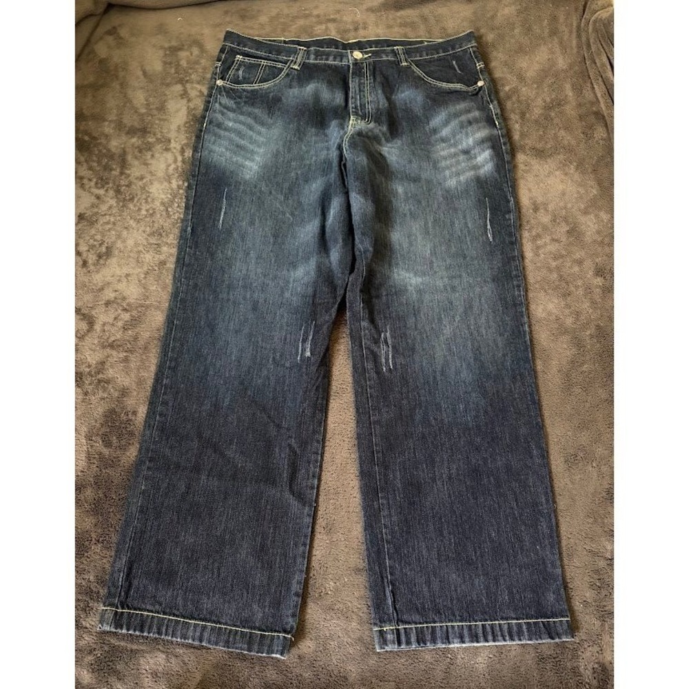 Miskeen Mens Blue Denim Wide Leg Jeans Dark Wash Distressed Size 44x33